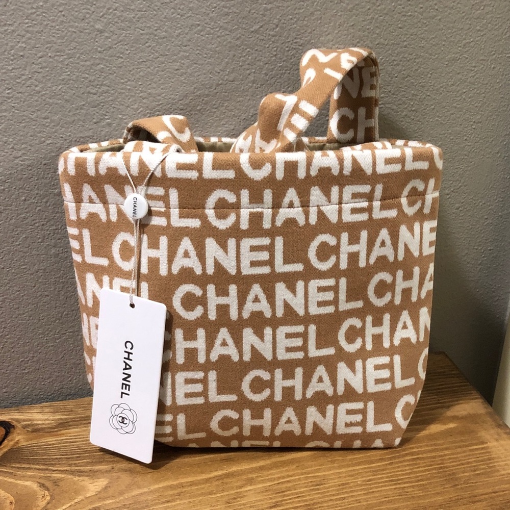 Soft Fabric Beige & White Script Mini Tote - New! 10” x 8.5”